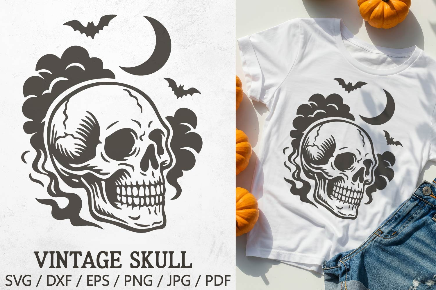 Vintage Halloween Skull SVG – spooky retro skull with moon, bats, and smoke details. Perfect for Halloween t-shirts, mugs, tote bags, invitations, stickers, posters, and creepy party decorations.