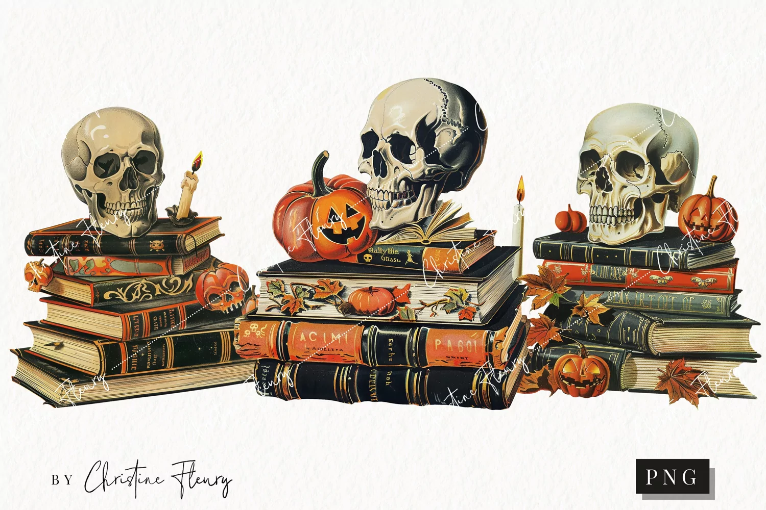 Vintage Skull Book Stack Clipart | Halloween PNG product image 1