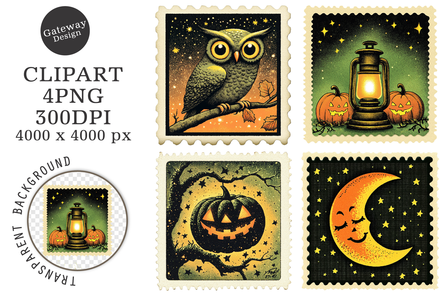 Vintage Halloween Stamps Clipart product image 1