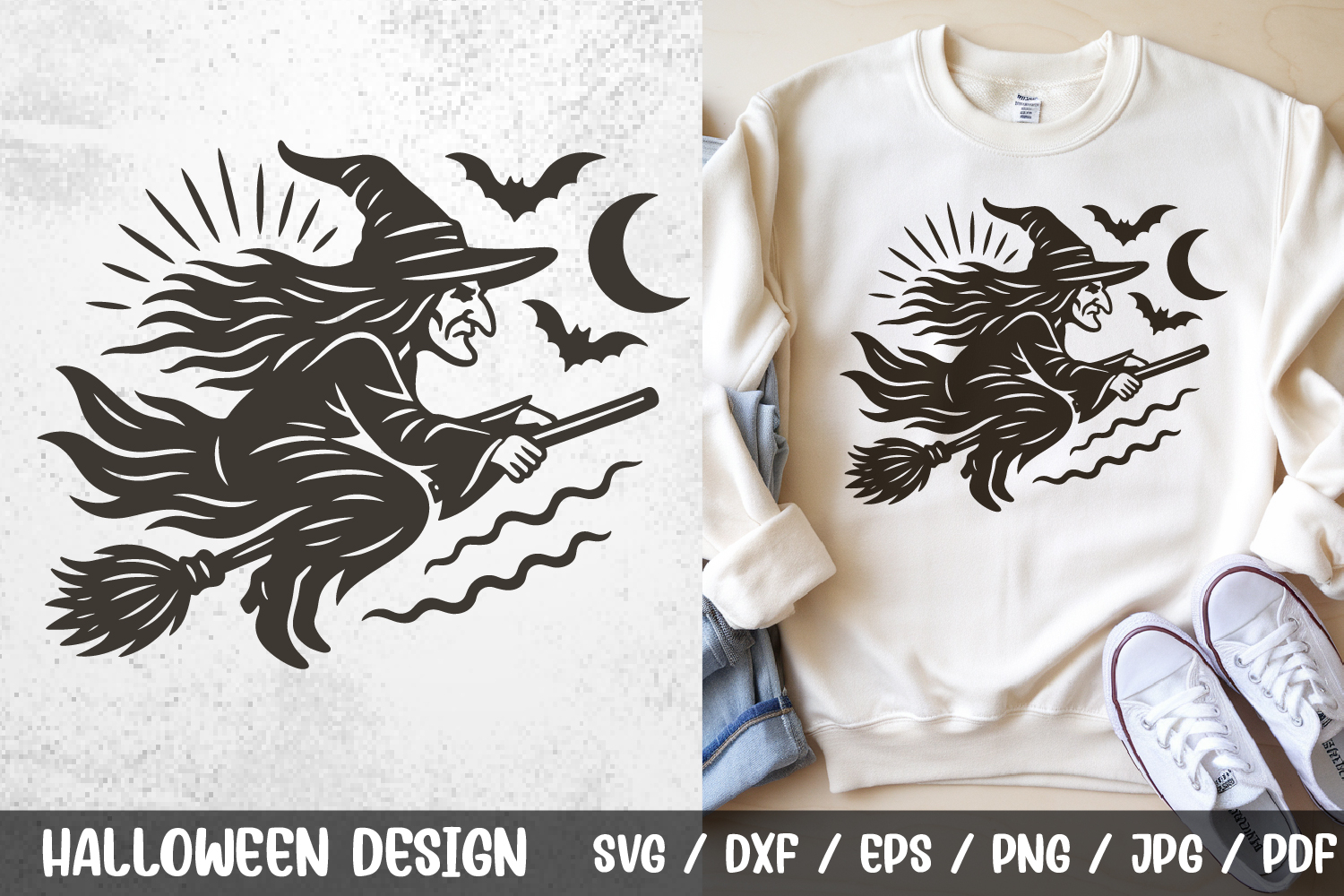 Vintage Halloween Witch SVG – elegant witch flying on a broomstick with moon and bats in retro gothic style. Perfect for Halloween shirts, mugs, tote bags, stickers, invitations, posters, decorations, and party crafts.