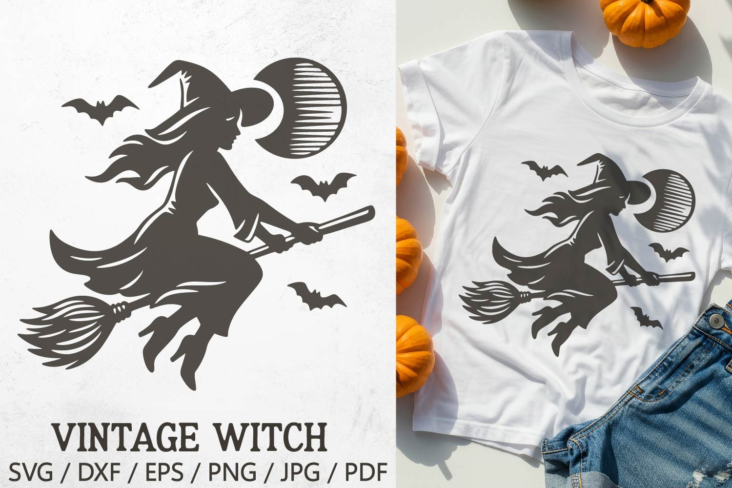 Vintage Halloween Witch SVG – silhouette of a witch flying on a broomstick with full moon and bats in retro gothic style. Perfect for Halloween t-shirts, mugs, tote bags, party invitations, stickers, posters, and spooky decorations.