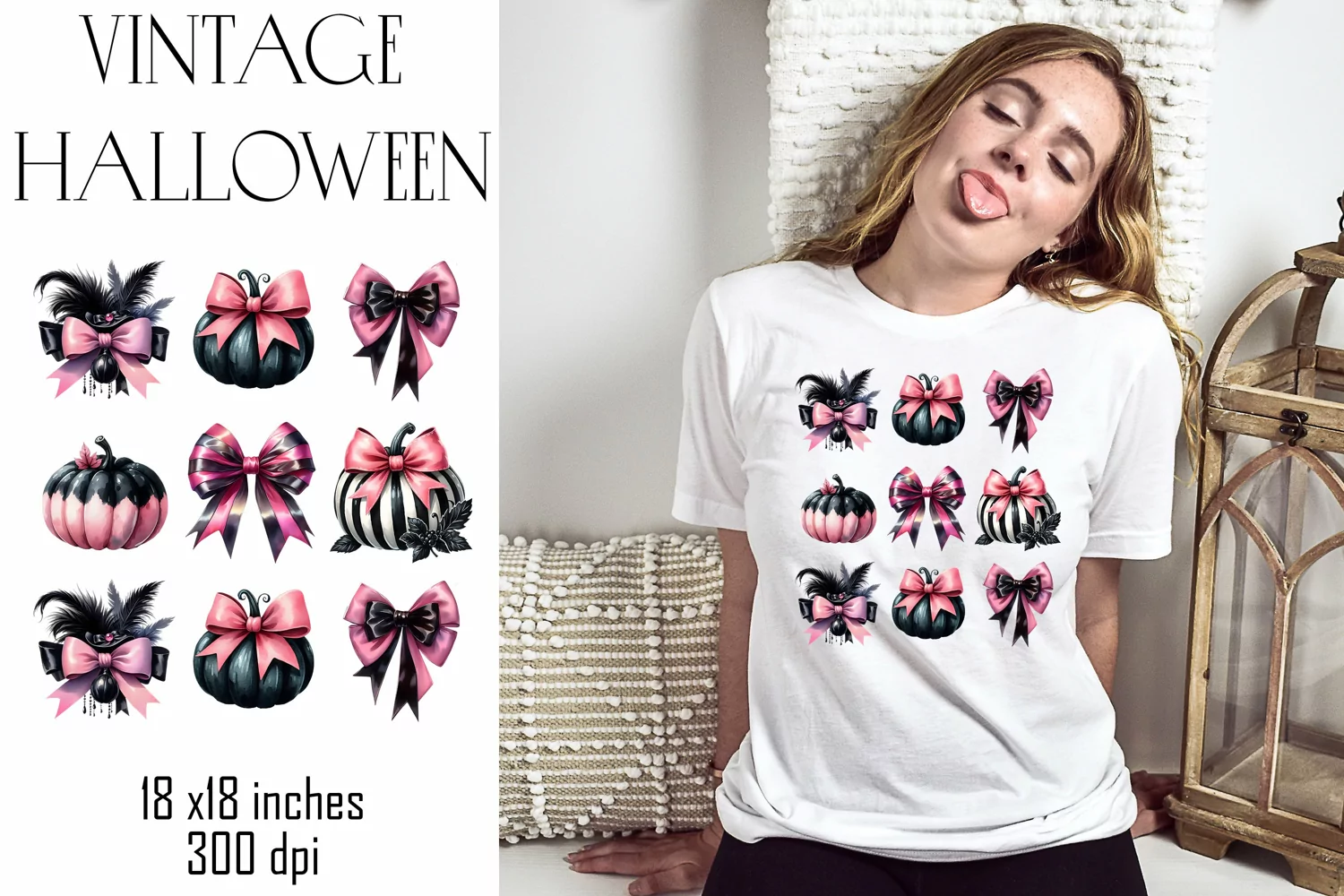 Vintage Halloween Bow Pumpkin sublimation design product image 1