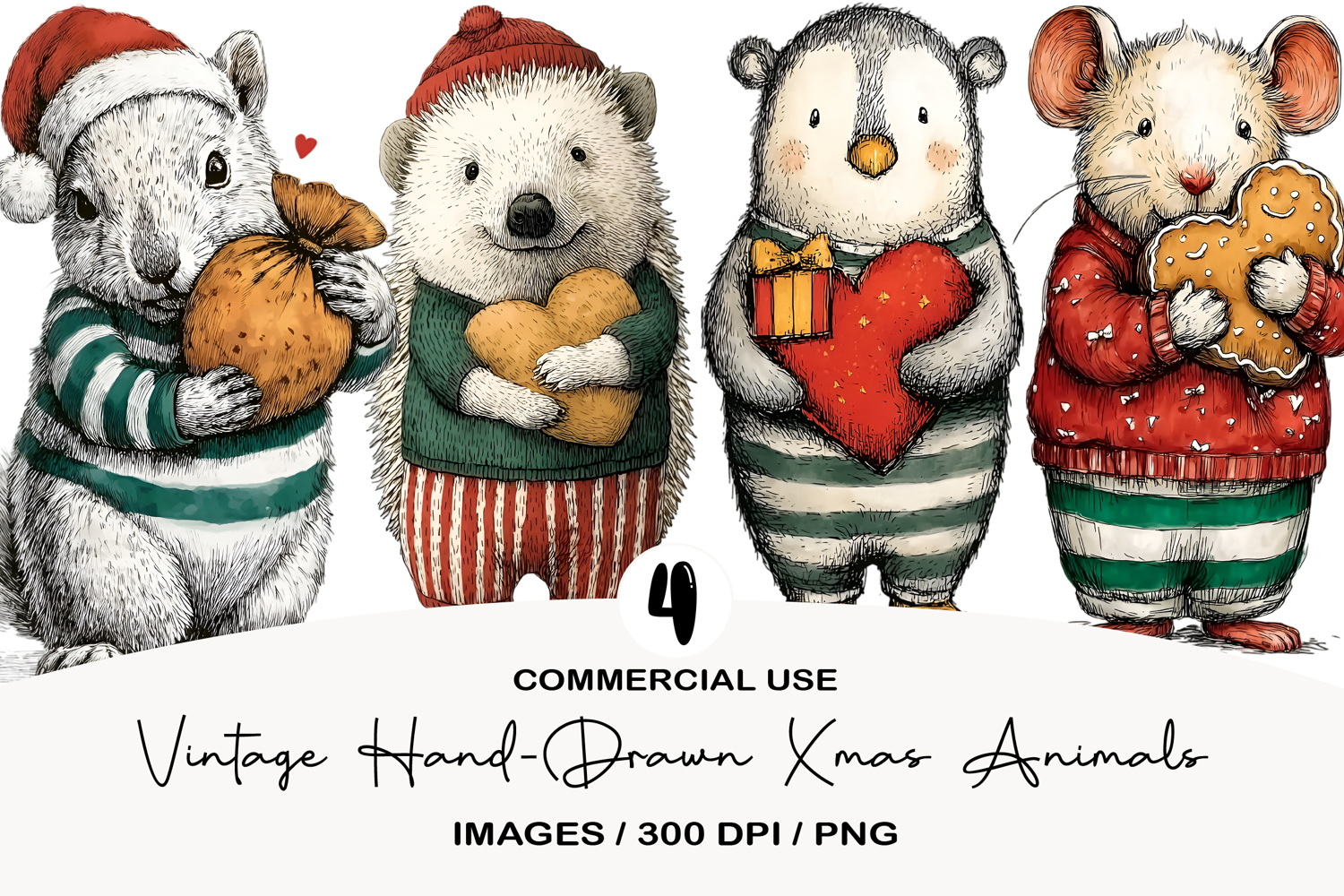Vintage Hand-Drawn Xmas Animals Clipart product image 1