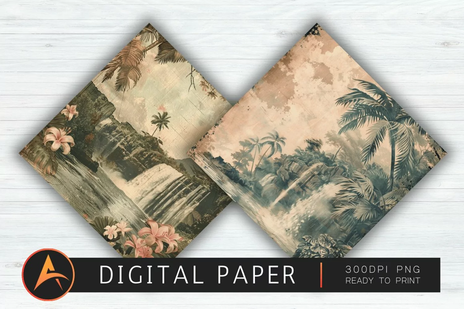 Vintage Hawaiian Waterfall Digital Paper PNG product image 1