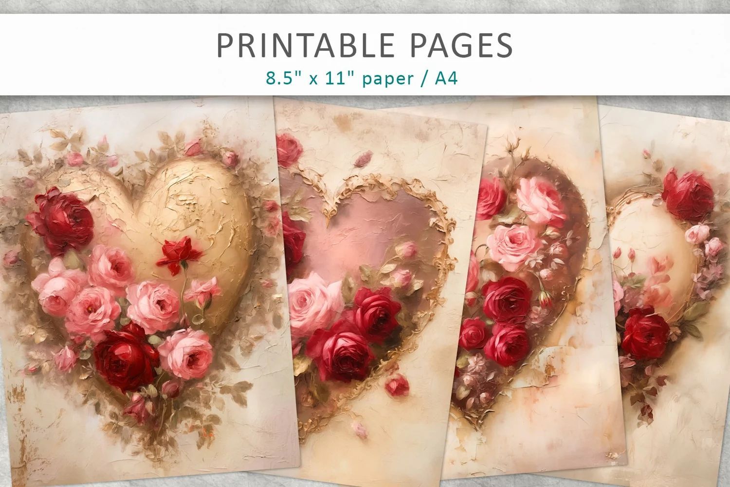 Vintage heart junk journal pages, printable paper product image 1