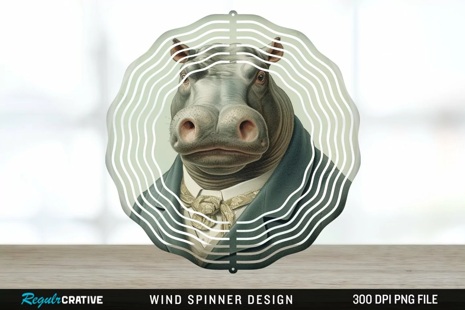 Vintage Hippo Wind Spinner Sublimation Design PNG product image 1
