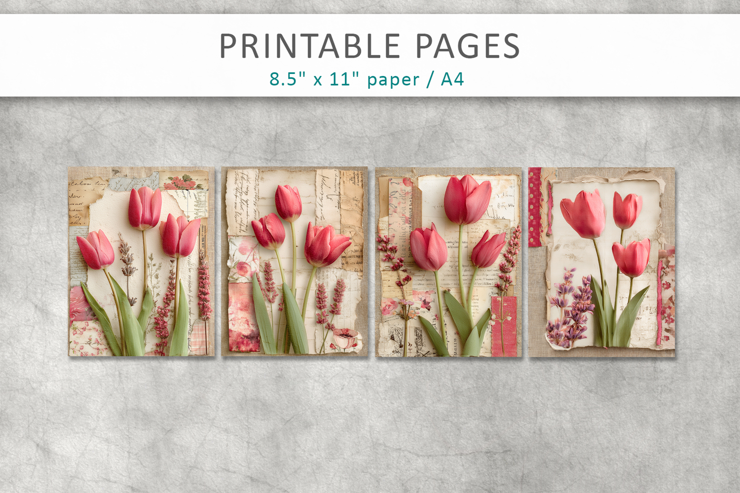 tulips junk journal pages, vintage ephemera product image 1