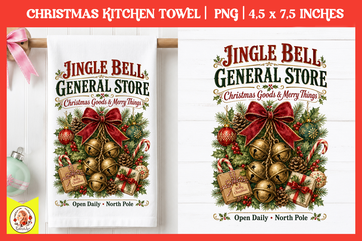 Vintage Christmas Kitchen Towel PNG |Retro farm sublimation product image 1