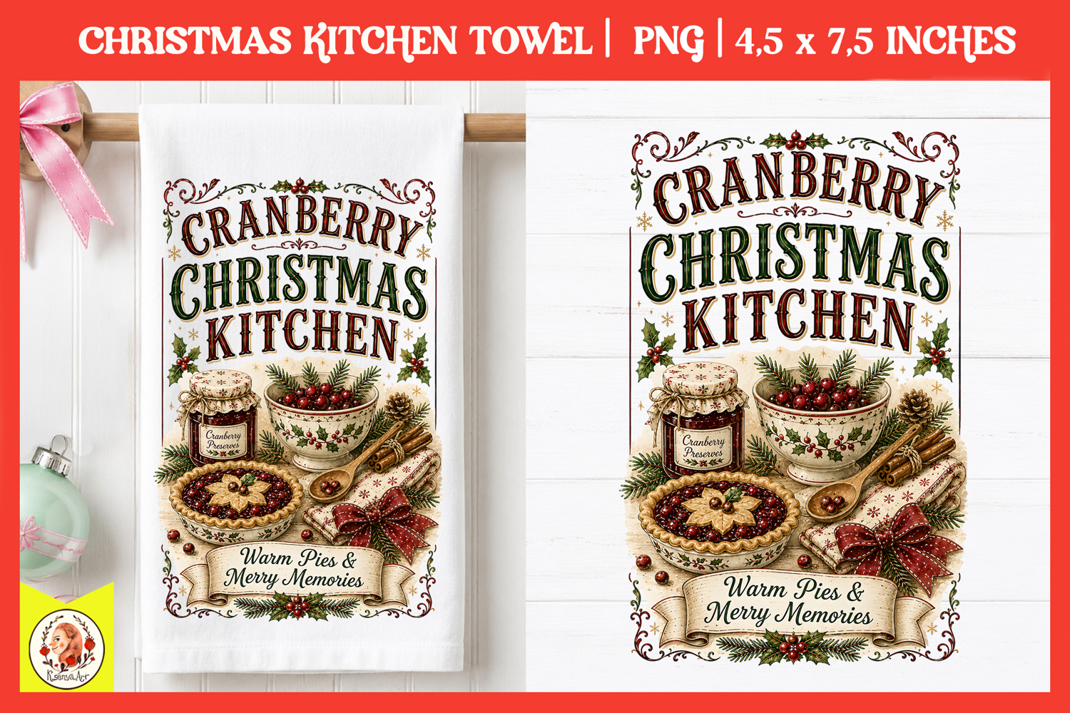 Vintage Christmas Kitchen Towel PNG |Retro farm sublimation product image 1