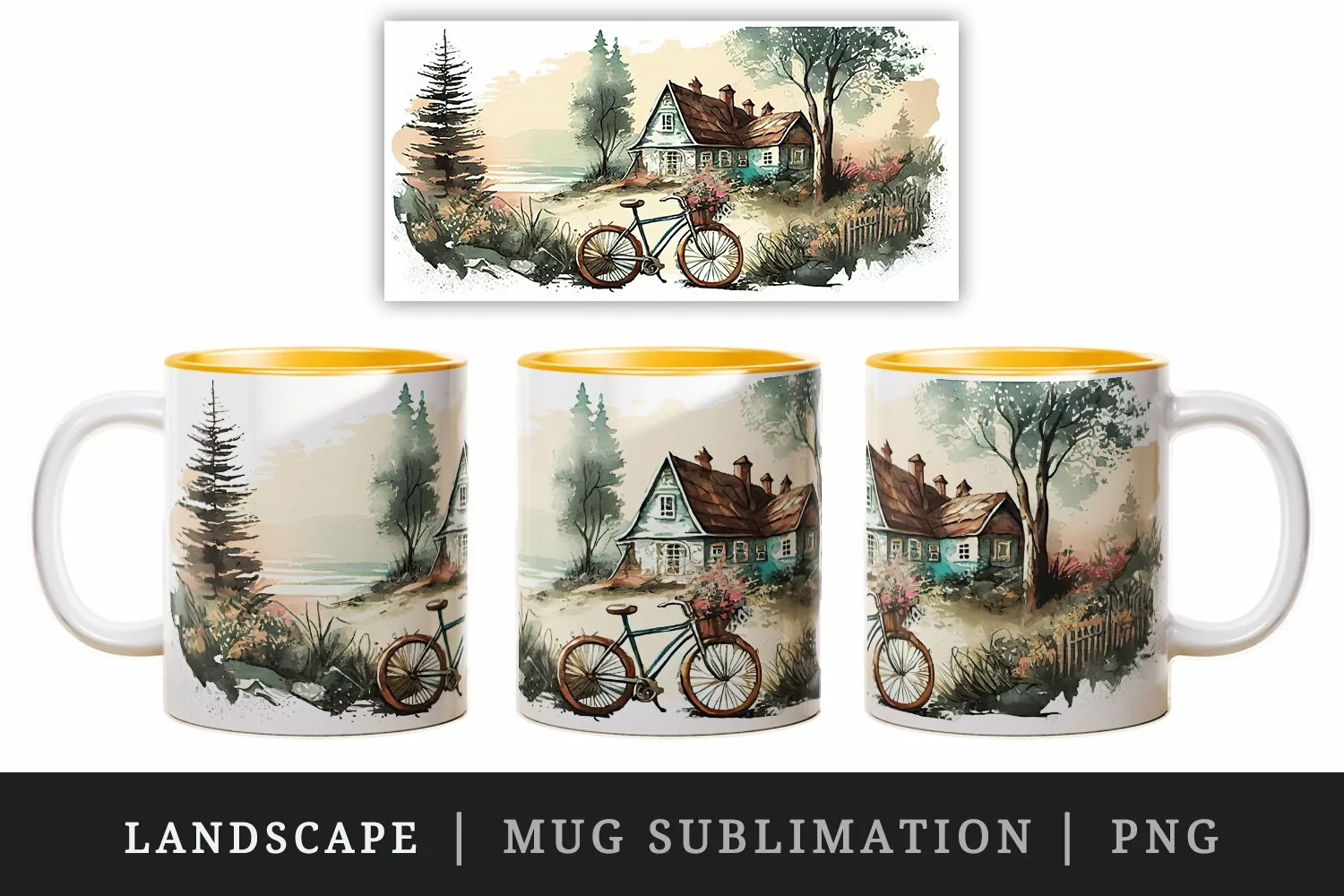 Vintage landscape mug, cup wrap sublimation design png
