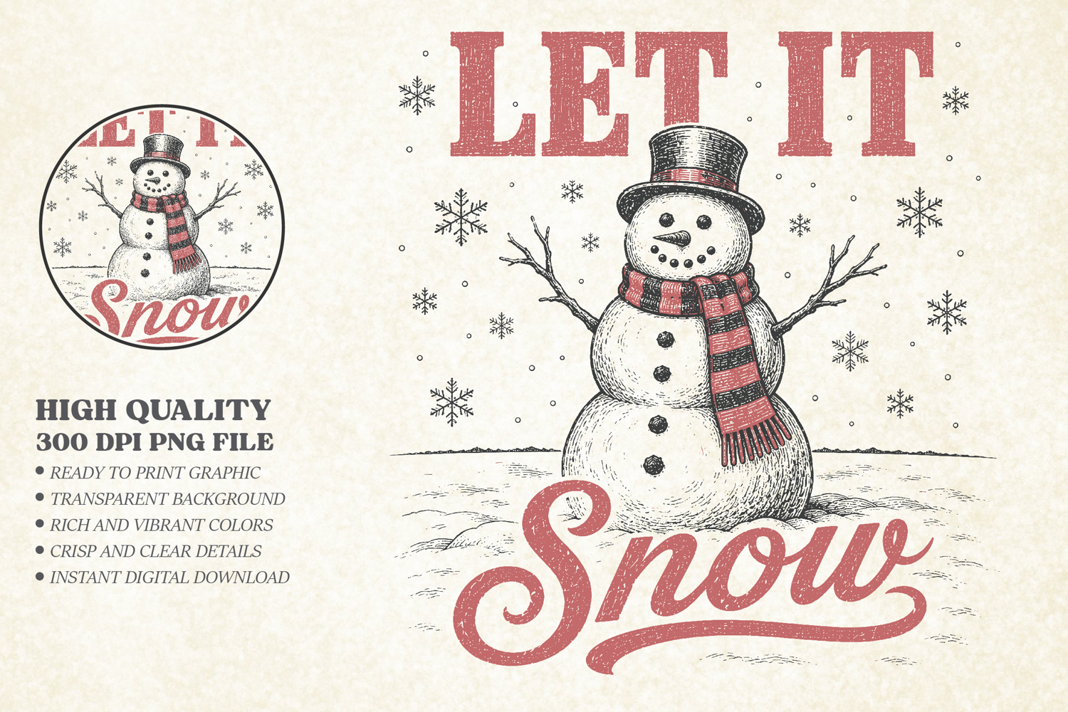 Vintage Let It Snow Christmas Design PNG, Winter Snowman PNG product image 1
