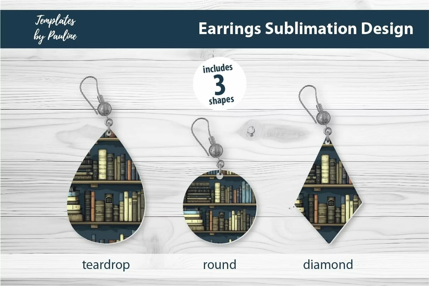 Old Library Bookshelf Earrings Sublimation Designs PNG
