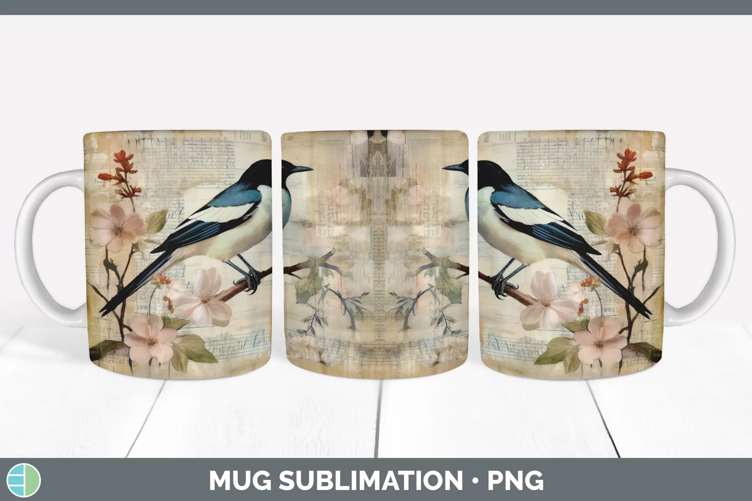 GorgeousDecoupage Magpies Mug Wrap design.
