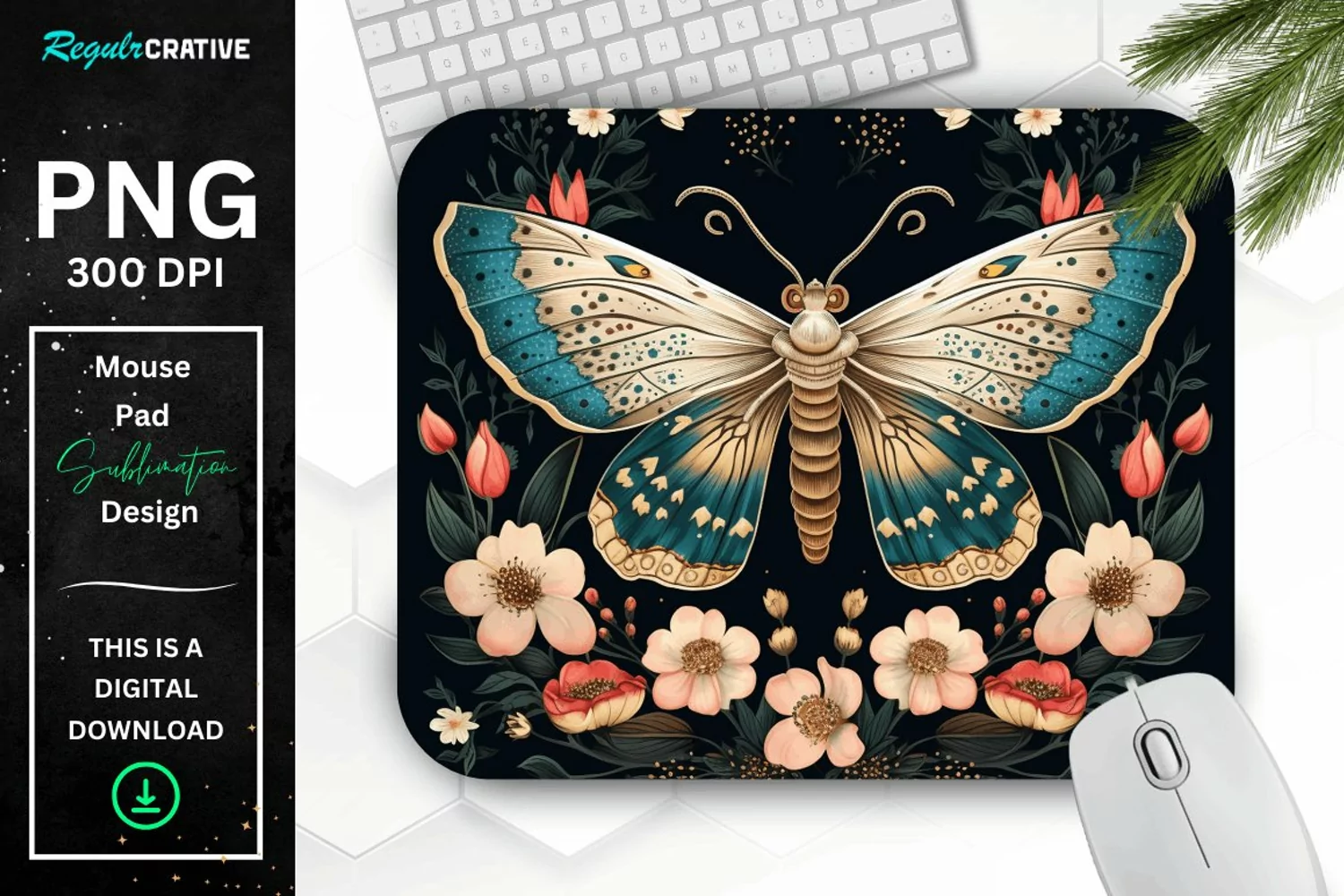 Vintage Moth with Floral at Night Mouse pad PNG product image 1