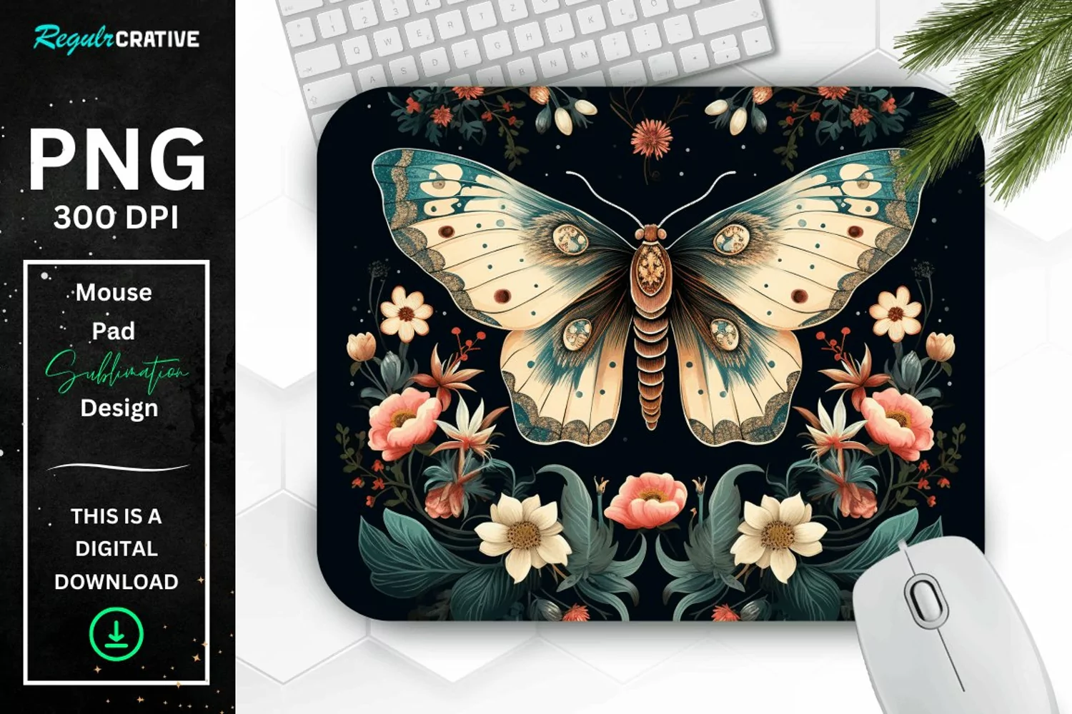 Vintage Moth with Floral at Night Mouse pad PNG product image 1