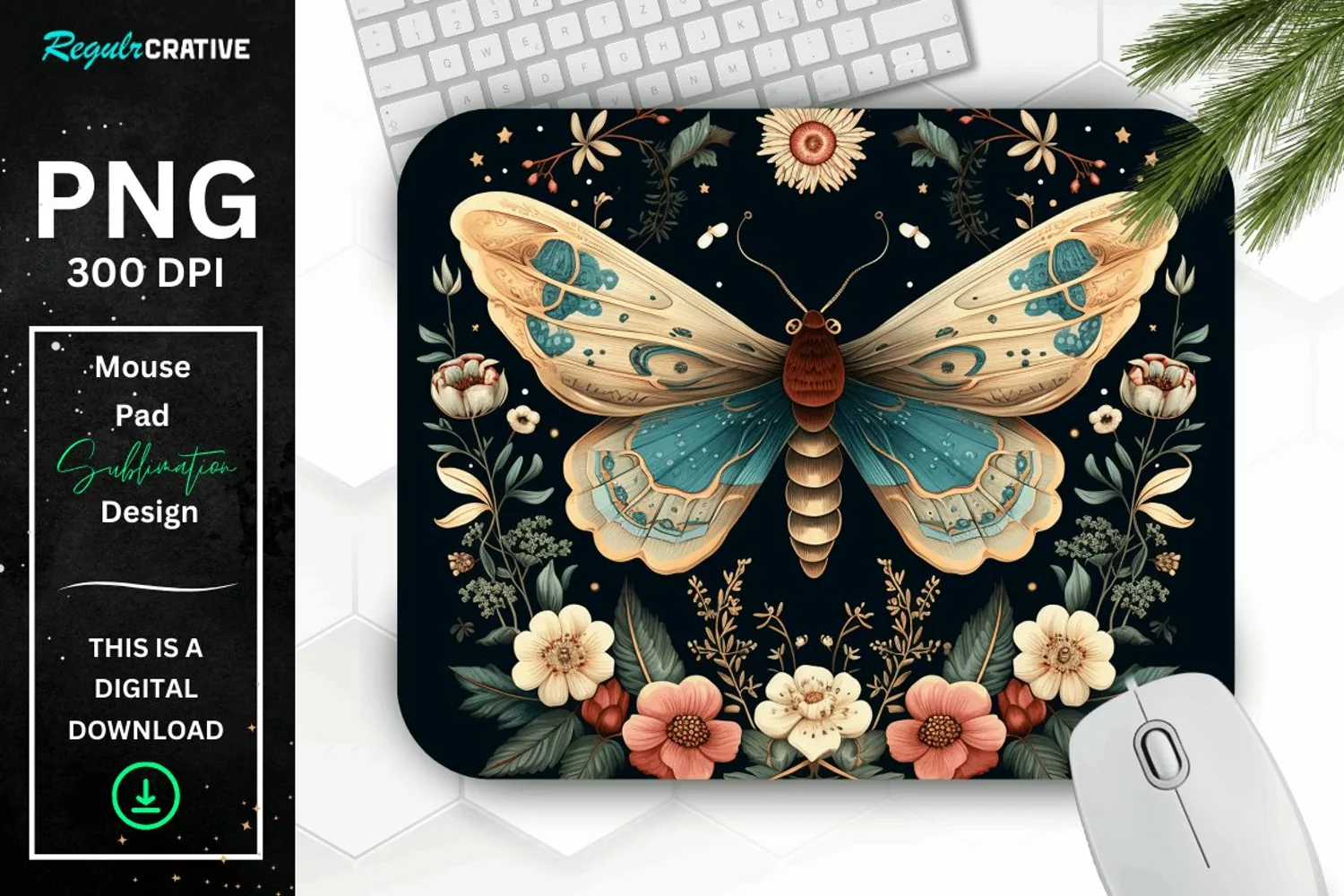 Vintage Moth with Floral at Night Mouse pad PNG product image 1