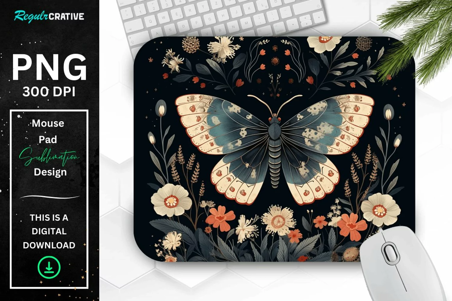 Vintage Moth with Floral at Night Mouse pad PNG product image 1