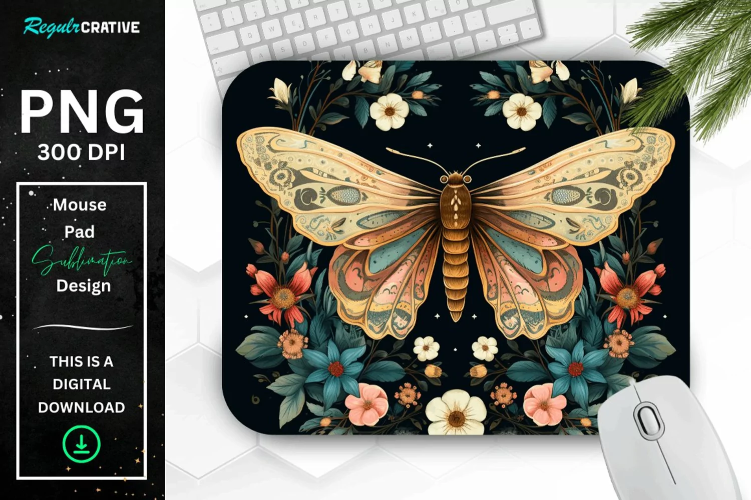 Vintage Moth with Floral at Night Mouse pad PNG product image 1
