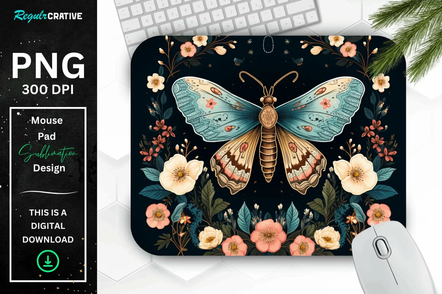 Vintage Moth with Floral at Night Mouse pad PNG product image 1