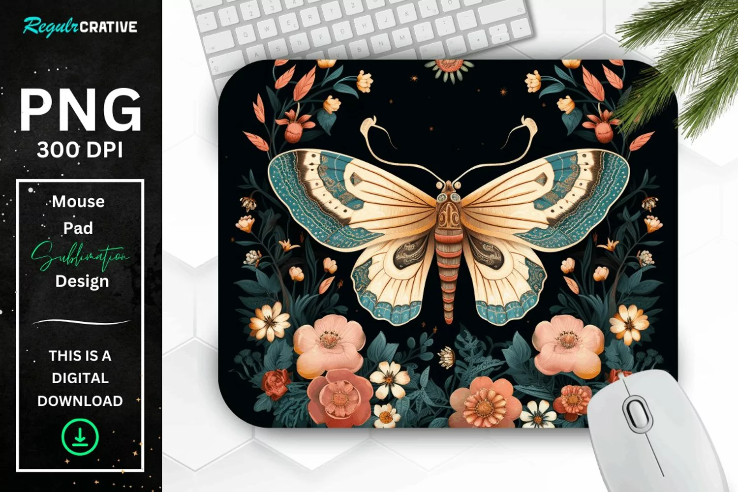 Vintage Moth with Floral at Night Mouse pad PNG product image 1