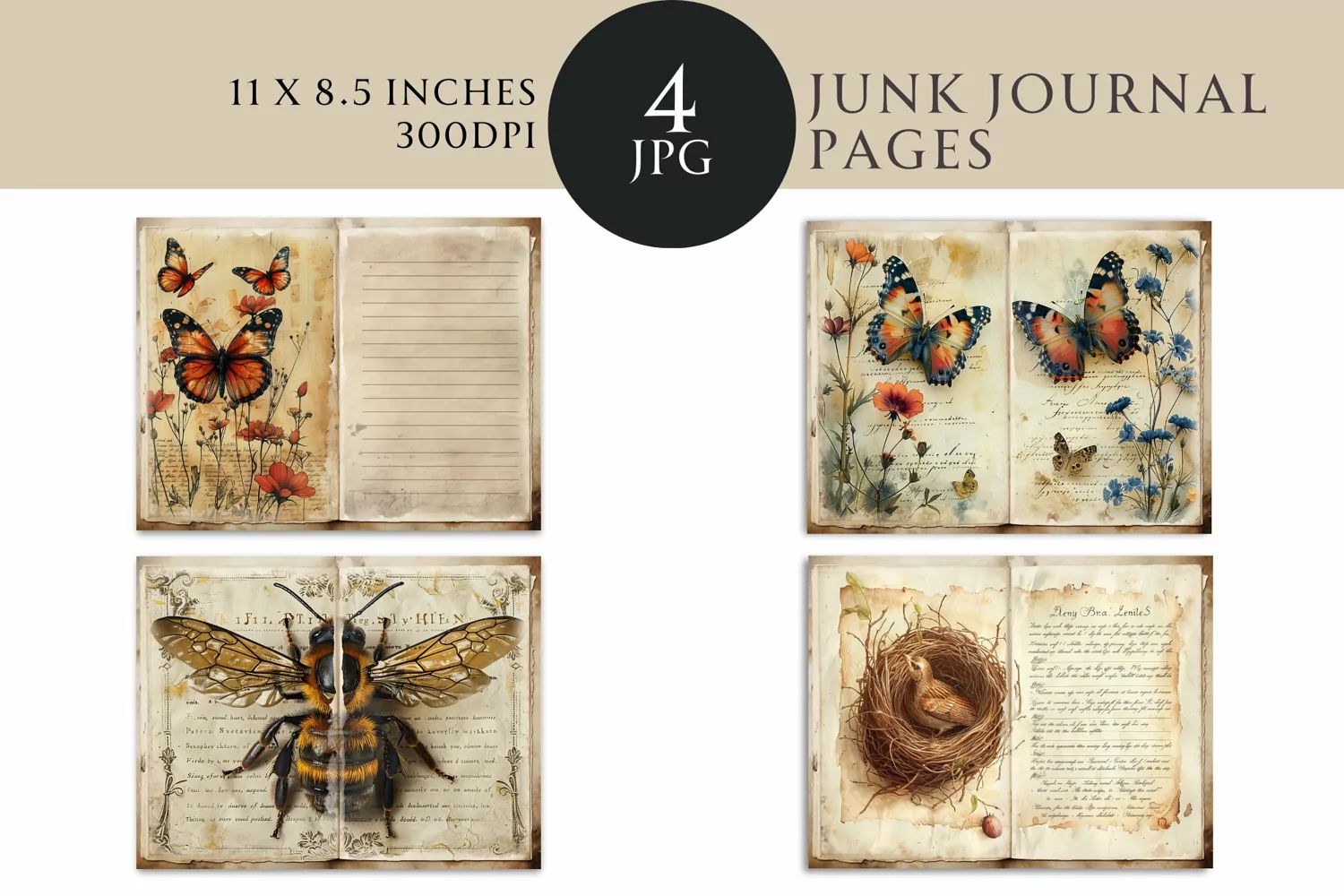 Vintage Nature Junk Journal Digital Paper Bi-fold