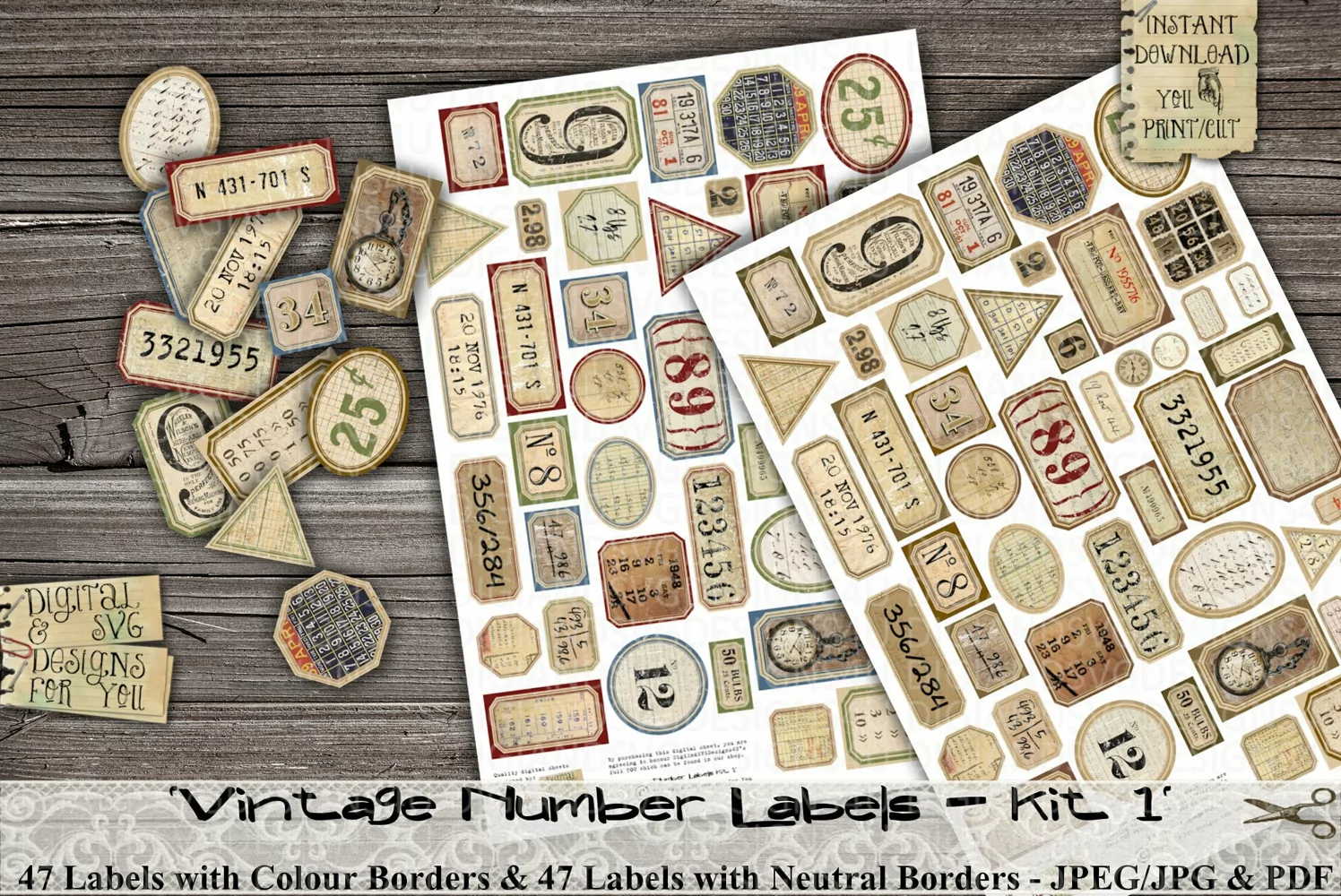 Vintage | Number | Labels | Grunge | Random | Printable product image 1