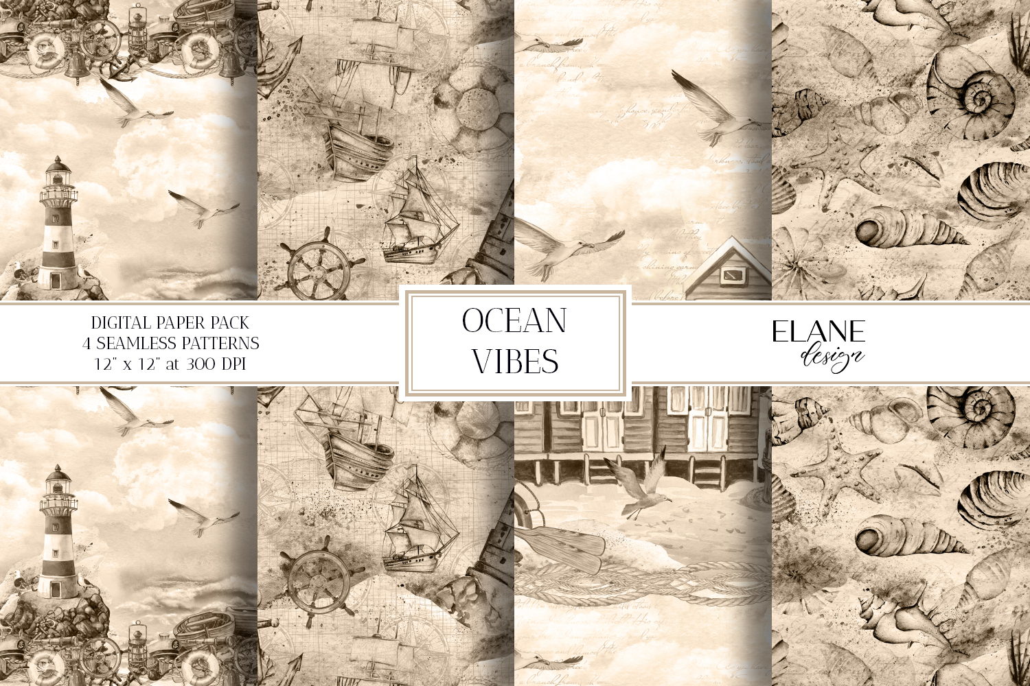 Vintage Nautical Digital Paper, Ocean Scrapbook Paper, Sepia product image 1