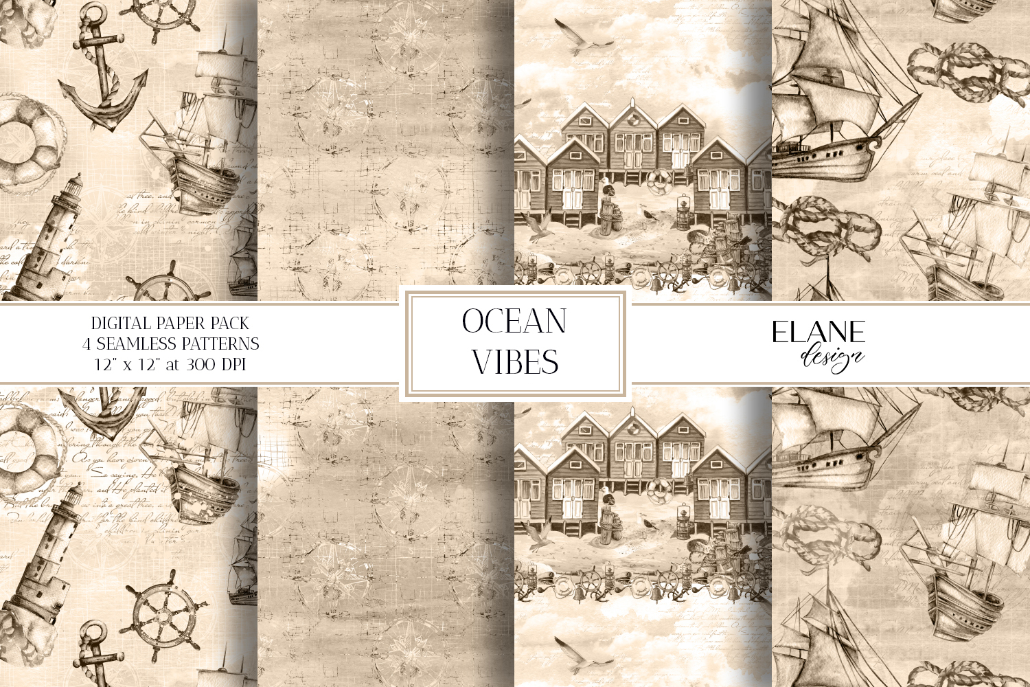 Sepia Nautical Digital Paper, Ocean Seamless Patterns product image 1