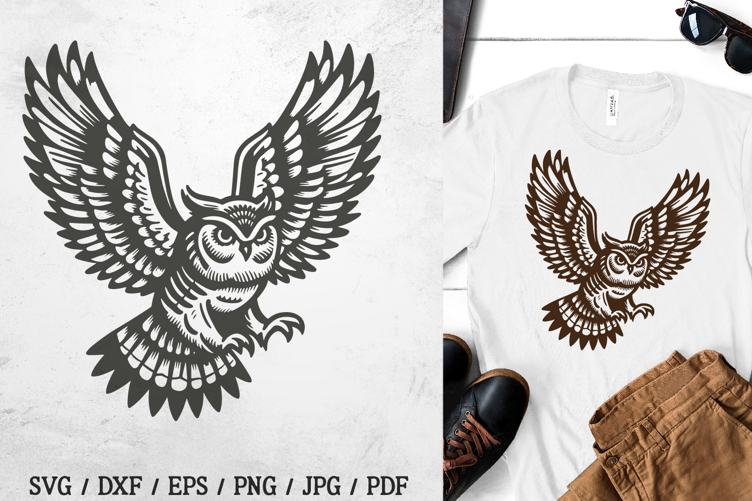 Owl svg in flight—vintage engraving-style open winged owl for Cricut, shirts, wall decor, laser engraving, mugs.