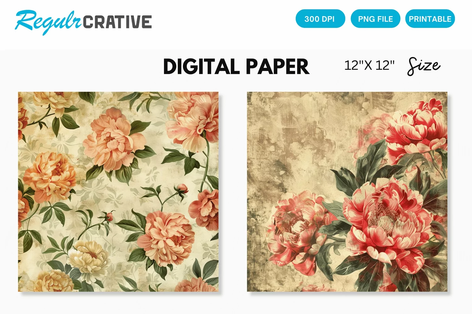 Vintage Peonies Flowers Seamless Digital Paper product image 1