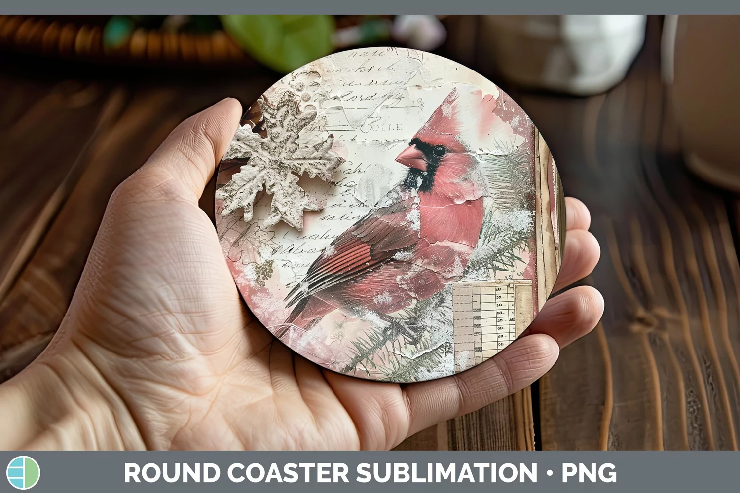 GorgeousVintage Pink Christmas Round Coaster design.