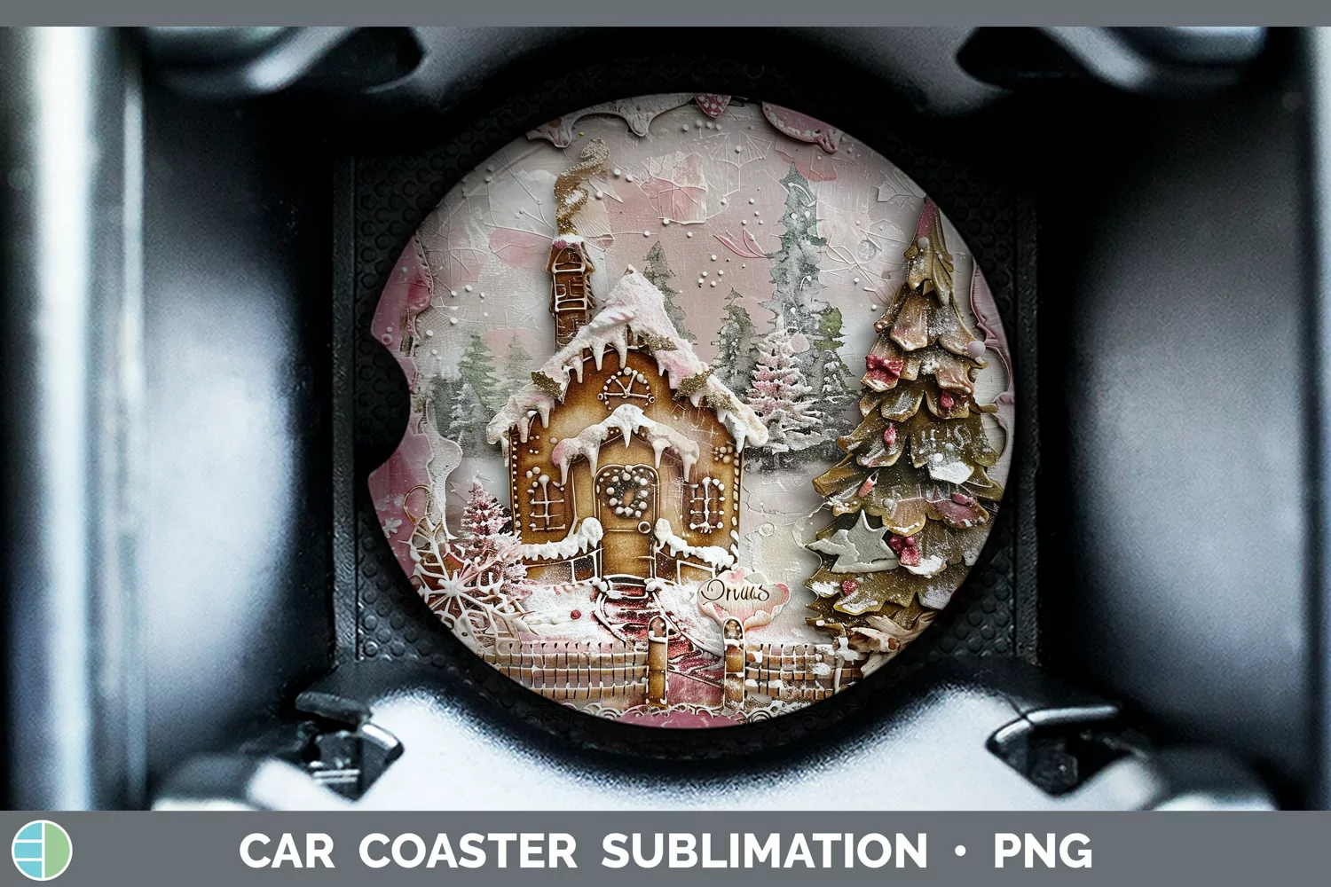 GorgeousVintage Pink Christmas Car Coaster design.