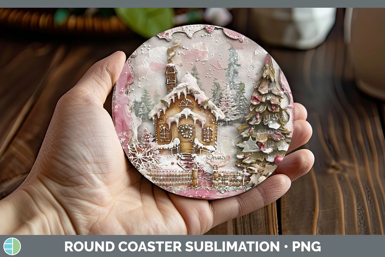 GorgeousVintage Pink Christmas Round Coaster design.