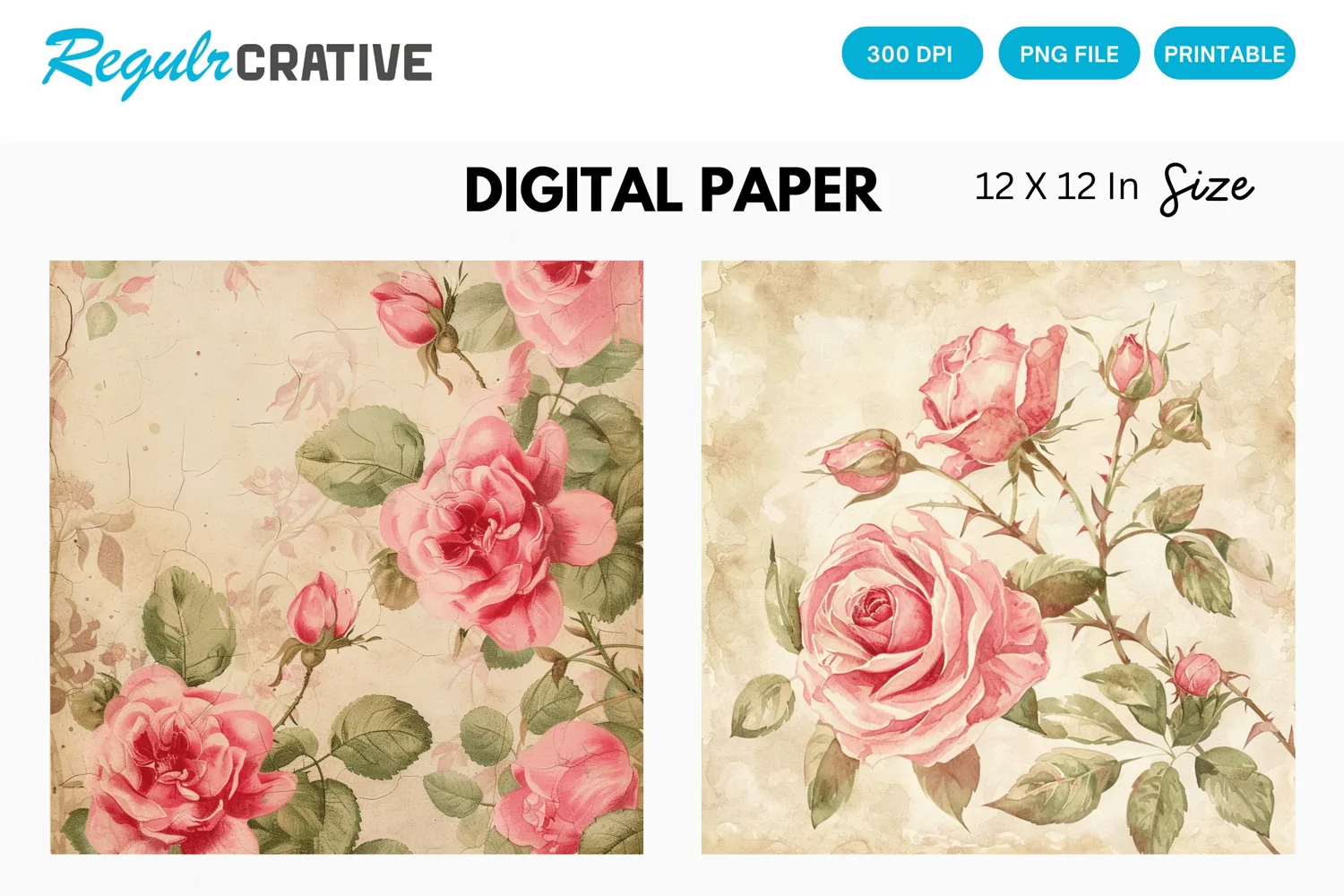 Vintage Pink Roses Digital Paper, Pink Roses Background product image 1