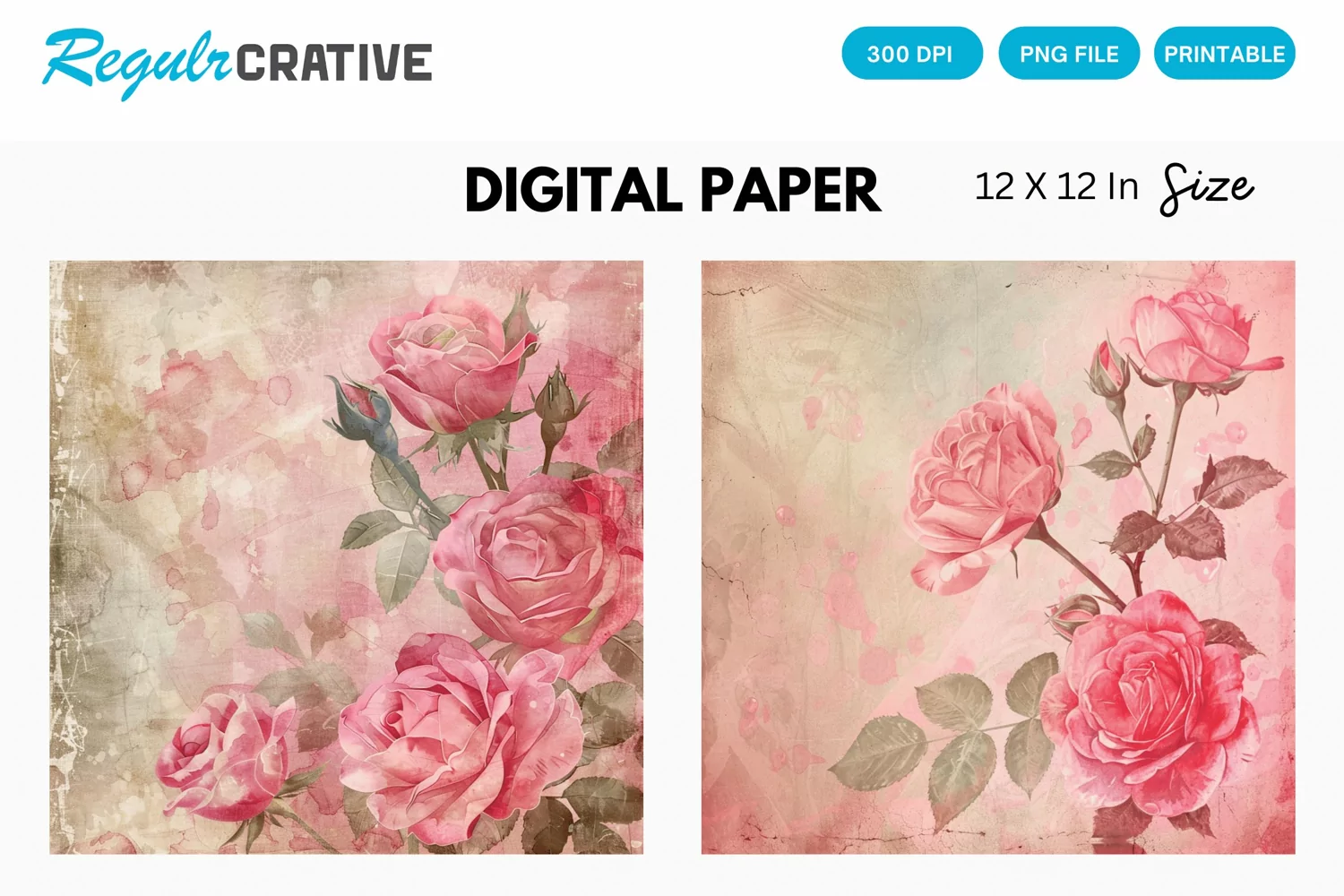 Vintage Pink Roses Digital Paper, Pink Roses Background product image 1