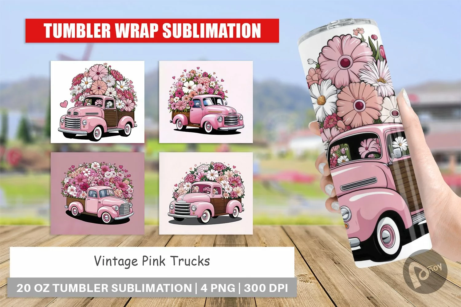 Tumbler Wrap Vintage Pink Trucks product image 1