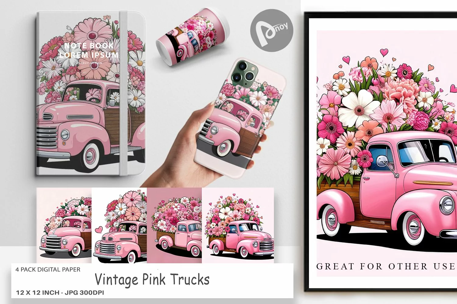 Digital Paper Vintage Pink Trucks product image 1