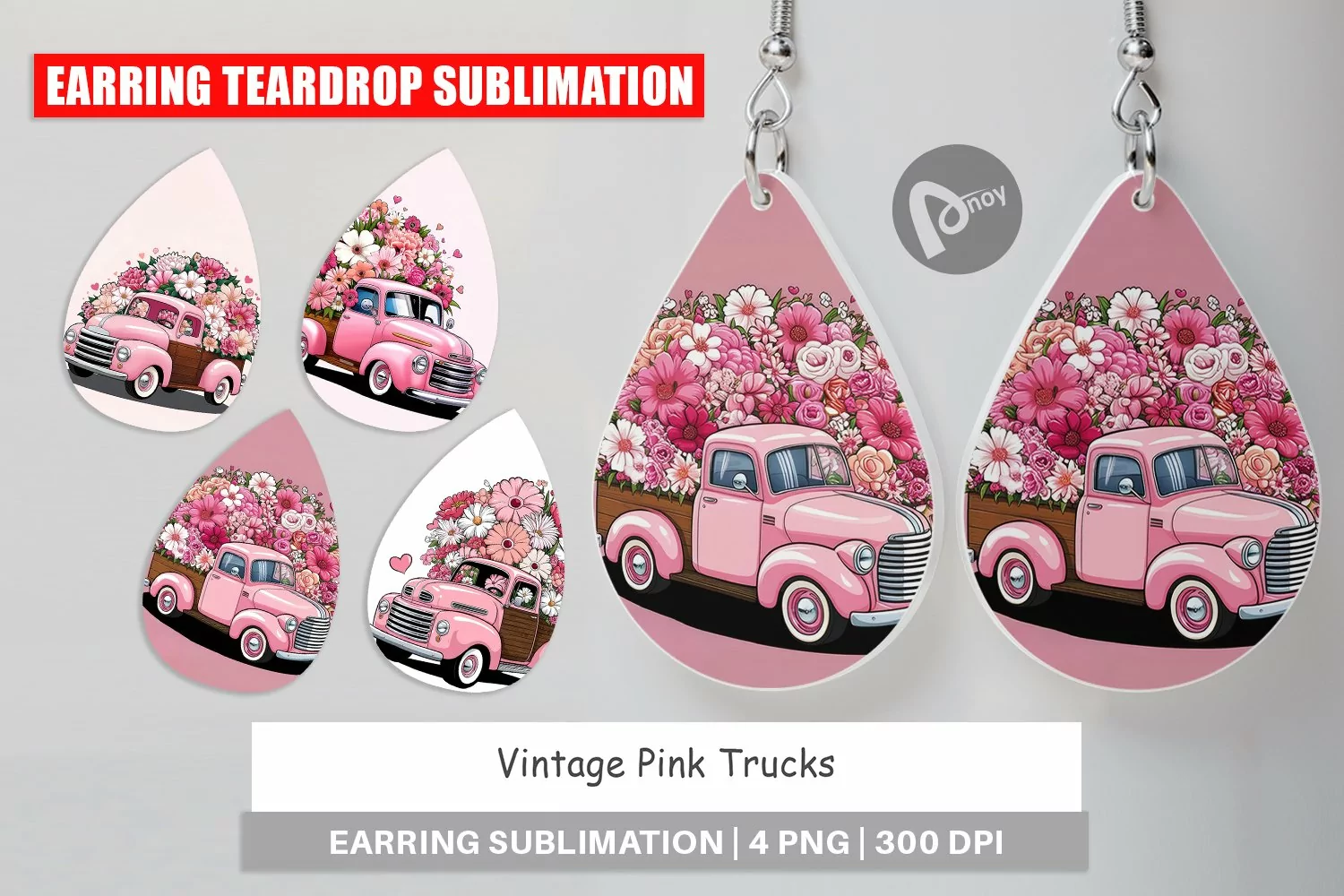 Earring Teardrop Vintage Pink Trucks product image 1