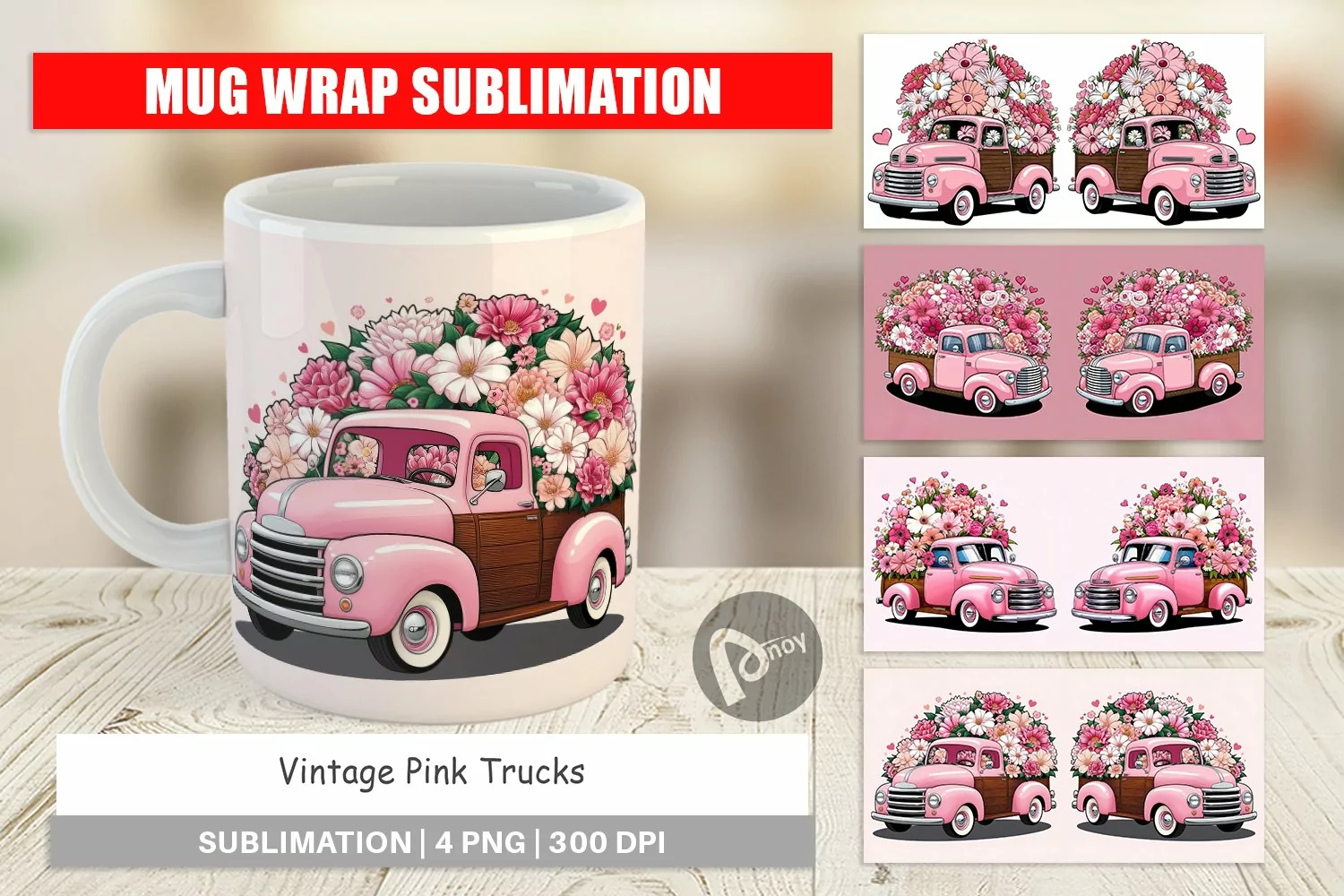 Mug Wrap Design Vintage Pink Trucks product image 1
