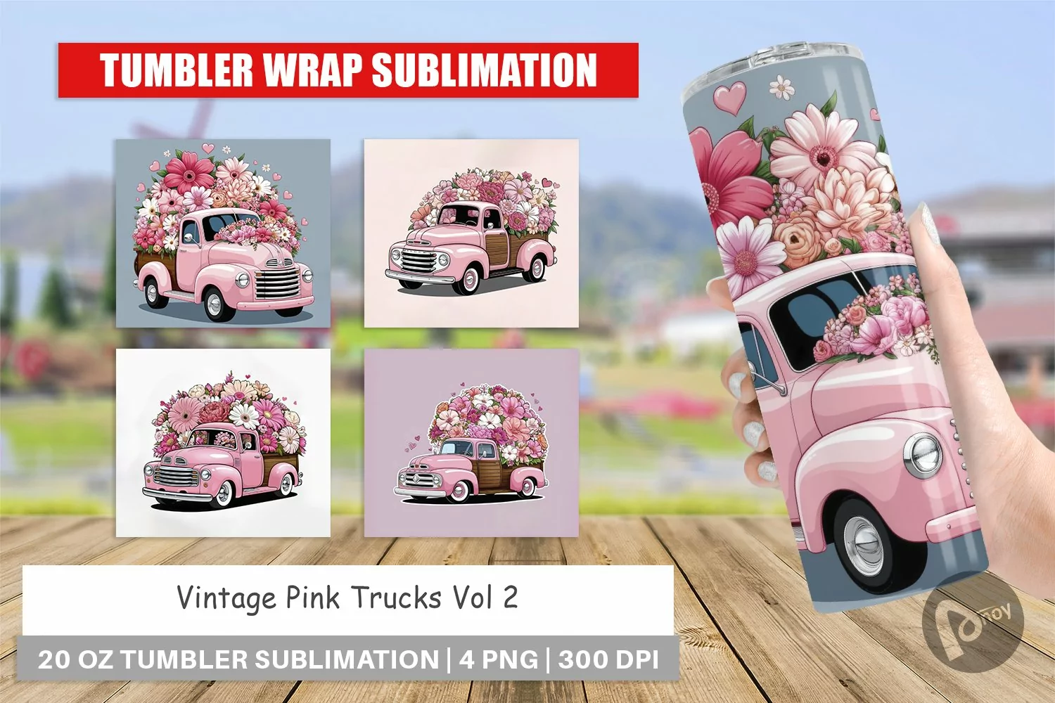 Tumbler Wrap Vintage Pink Trucks product image 1