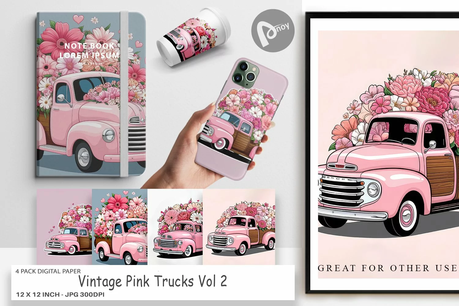 Digital Paper Vintage Pink Trucks product image 1