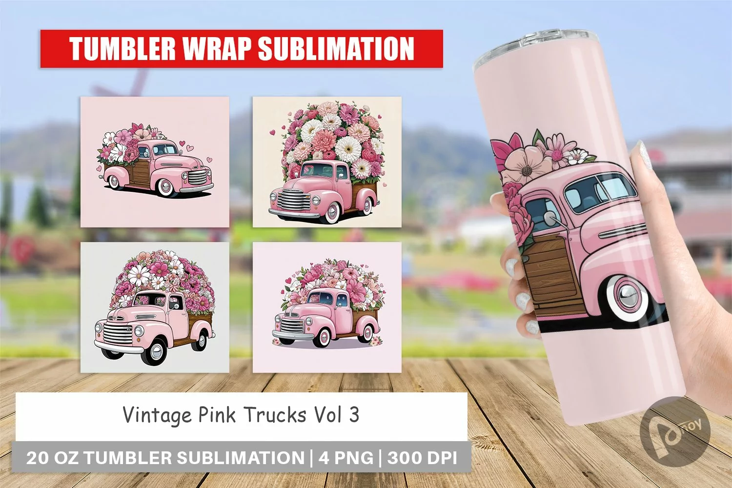 Tumbler Wrap Vintage Pink Trucks product image 1