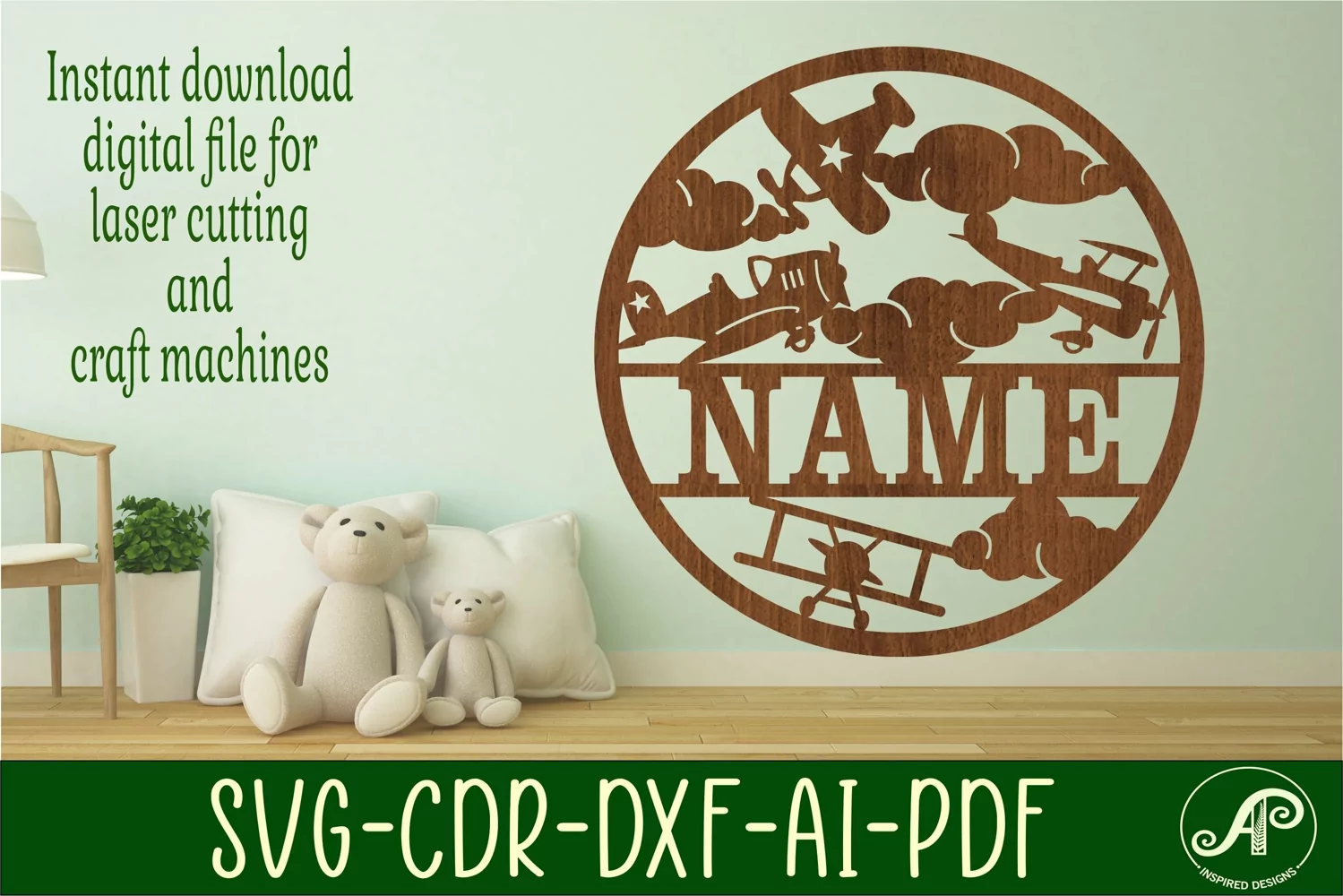 vintage plane name sign svg laser cut template product image 1