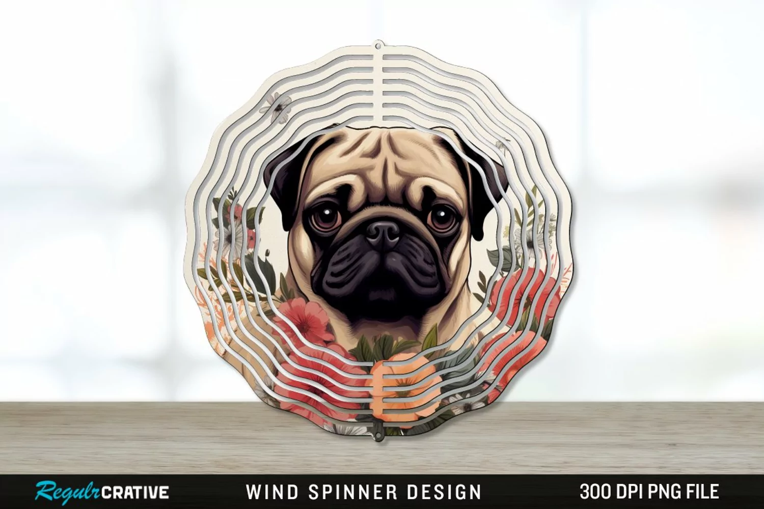 Vintage Pug Dog Wind Spinner Sublimation PNG Design product image 1