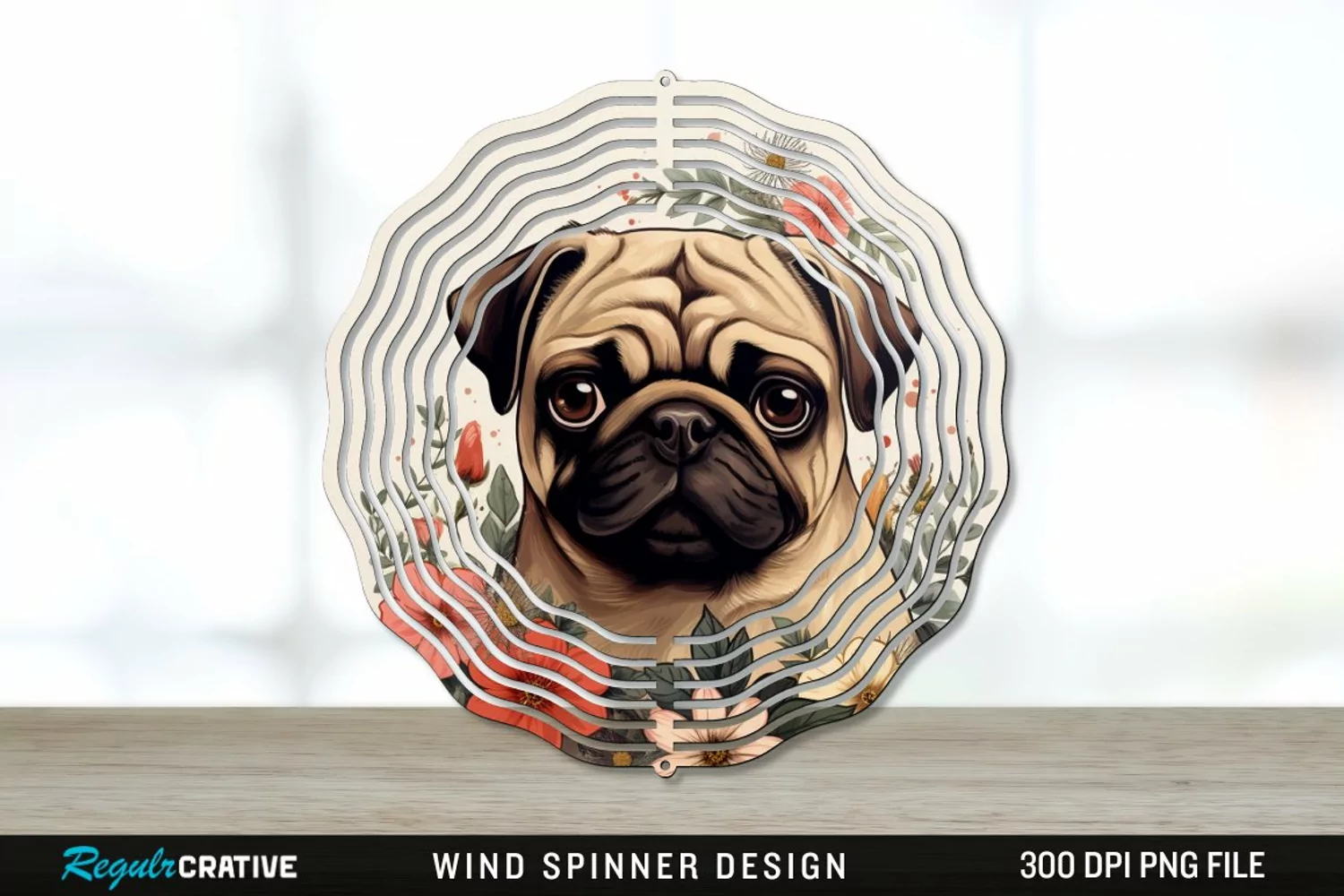 Vintage Pug Dog Wind Spinner Sublimation PNG Design product image 1