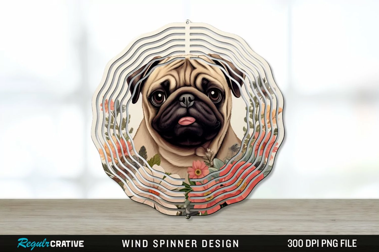 Vintage Pug Dog Wind Spinner Sublimation PNG Design product image 1