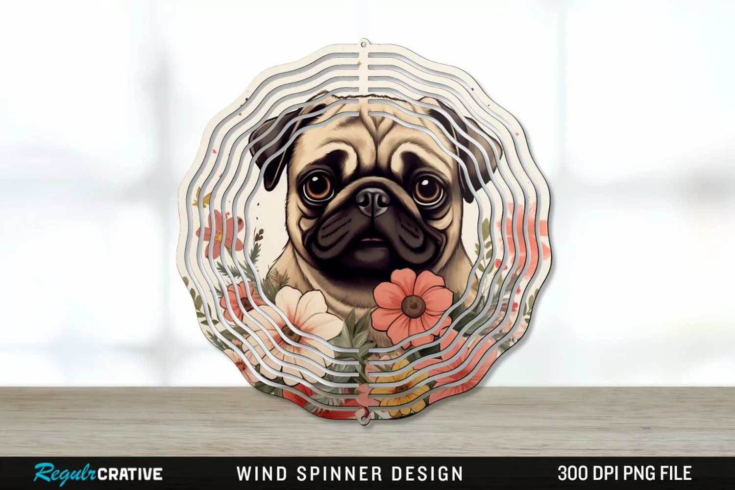 Vintage Pug Dog Wind Spinner Sublimation PNG Design product image 1