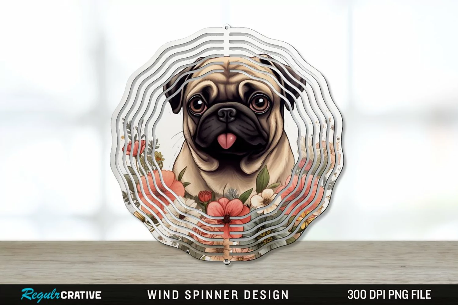 Vintage Pug Dog Wind Spinner Sublimation PNG Design product image 1