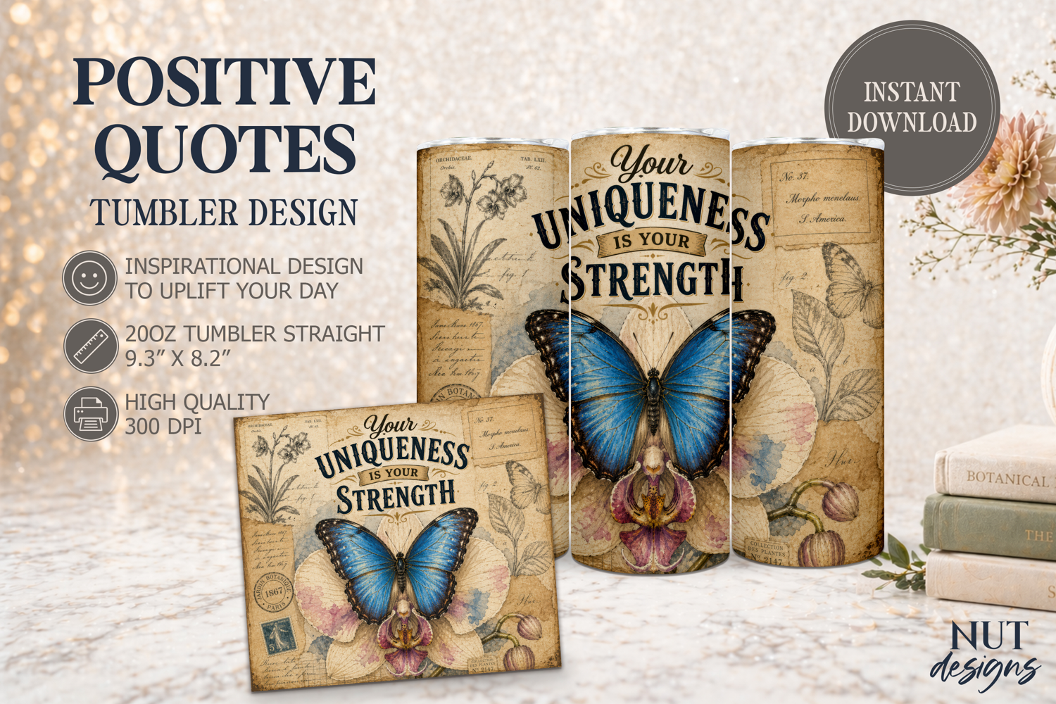 Blue Butterfly Vintage Tumbler wrap, Inspirational quotes product image 1