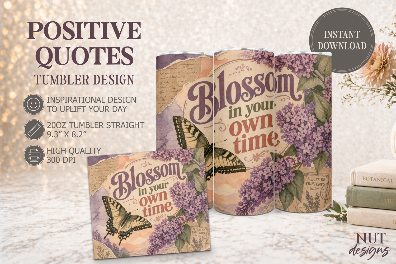 Butterfly Vintage Lilac Tumbler wrap, Inspirational quotes product image 1